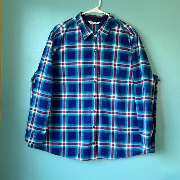 Riders by Lee 1X Flannel Plaid Button Down Long Sleeve Top Blue Teal Red - Picture 4 of 5